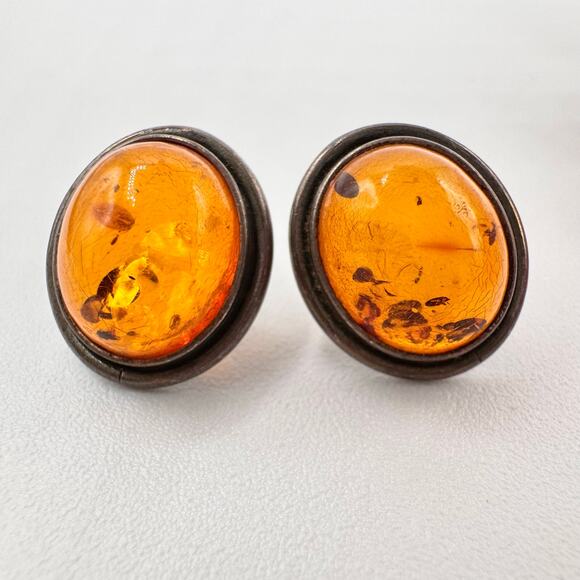 Vintage Amber Cabochon Silver Bezel Earrings Acid & UV Tested No Earring Backs - Picture 1 of 13